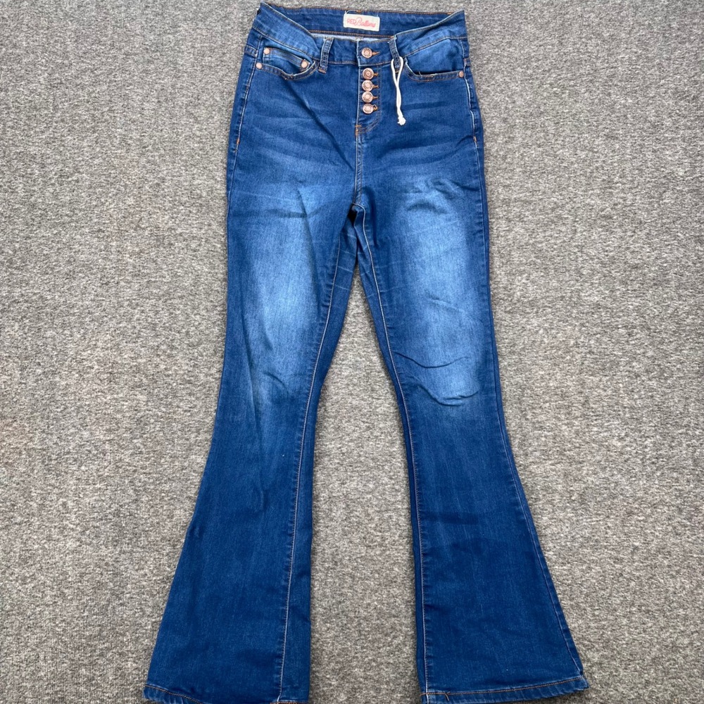 Red Bottoms Womens High Rise Button Fly Flare Jeans Medium Wash Blue Bell Bottom